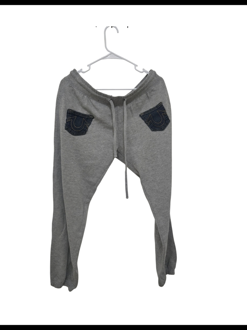 4/$15 Gray Lounge Sweatpants Dark Blue Patch Pockets Upcycle True Religion - Picture 2 of 6